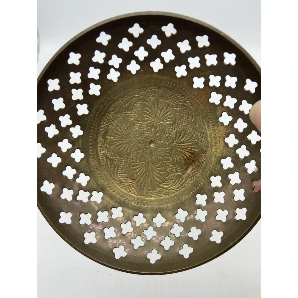 Brass Trinket Dish Pierced Engraved Hollywood Regency Vanity Farmhouse Vintage